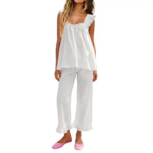 Women's KFUBUO 2-Piece Light Bridal Nightwear Set - Soft Ruffle Tank Top, Long Pockets Pants, Basic Style Loungewear for Sleep & Relaxation