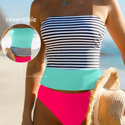 popvil Women's 2-in-1 Reversible Color Block Bikini Set - Adjustable Strap Padded Tube Top, Striped Patchwork Look Mid-Waist Bottoms, Bathing Suit for Beach Party