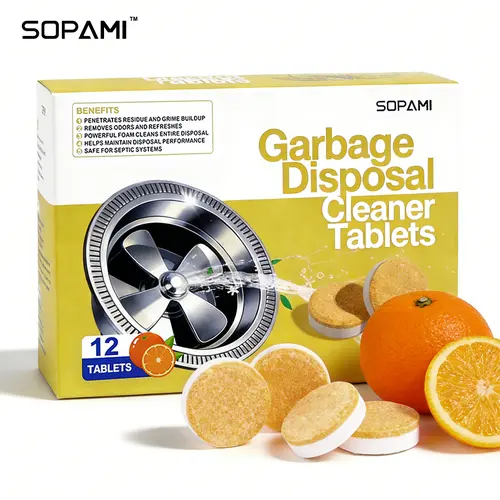 SOPAMI Garbage Disposal Cleaner Tablets 12 pieces Foaming cleaning tabs for household kitchen garbage disposals It cleans visible food residue and dirt inside the device helps ease bad smells suitable for regular home cleaning