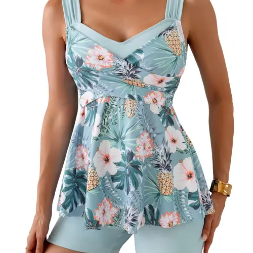 B2prity Tankini Swimsuits for Women Tummy Control Two Piece Modest Bathing Suits Floral Skirt Top with Boyshorts SummerVibes