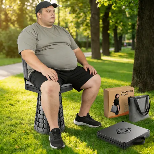Collapsible Extendable Telescopic Stool with Backrest & Cushion - Heavy-Duty Portable Outdoor Seating Solution for Adult Camping, Gardening, Load Cap., Compact Folding Camping Furniture