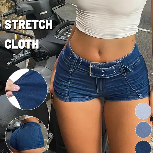 GILIPUR Women's Low-Rise Slim Skinny Fit Aesthetic Denim Mini Shorts with Belted Buckle Design, Stretchy Casual Summer Pants #TChic