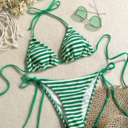 Women's Two-Piece Swimsuit Set, Vacation Beach Wear, Comfortable Slim-Fit Striped Triangle Bikini, Ideal for Pool Parties