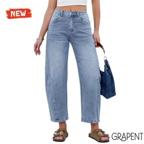 【GRAPENT Barrel Jeans Collection】Women's Denim Bottoms, Zip-Front Crop High-Rise Wide-Leg Pants with Side Seam Detail, Cotton Blend Elastane Stretchy Streetwear Casual Women's Clothes