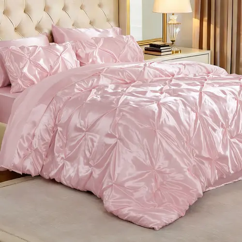 BEDELITE Luxury Satin Queen Comforter Set - 5/7-Piece Bed-in-a-Bag with Flat Sheet, Fitted Sheet, Shams, Pillowcases - Luxury Look, Smooth Finish, Cozy Vibes, All-Season Silk-Like Bedding (Mother's Day Gift)