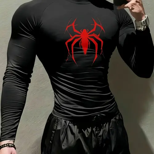 Men's Quick-Dry Stretch Fitness T-Shirt, Spider Print High Neck Long Sleeve Compression Sportswear, Moisture-Wicking Activewear, Ideal for Gym Workouts & Sports Performance, All-Season Gym Tees