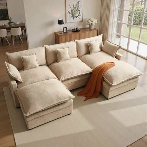 【2/3 Packages Shipping】XIZZI 108" U-Shaped Modular Sectional Sofa - Comfy Cloud 3-Seater with 2 Movable Ottoman, Could Sofa, Deep Seat Linen Couch for Living Room, Comfort & Stylish Design, Gray Sofa