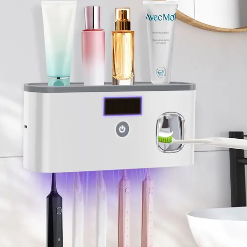 PHANCIR Upgraded Toothbrush Holder for Bathrooms,5 Slot Wall Mount Toothbrush Sanitizer & Timing Function Wall Mounted with Toothpaste Dispenser for Electric / Regular Toothbrush