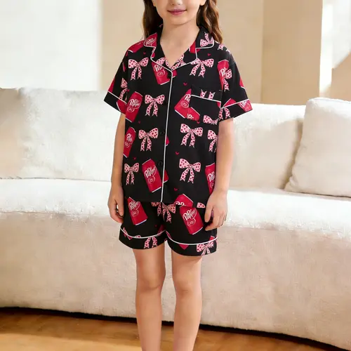 2-piece set of children's clothing, Pajamas Sleepwear, Print Pajama Set, Printed Sleepwear Set, girls' black background, bow, short sleeved shorts, top with small pockets, elastic waistband, all season daily home, Pajama, Pj Set
