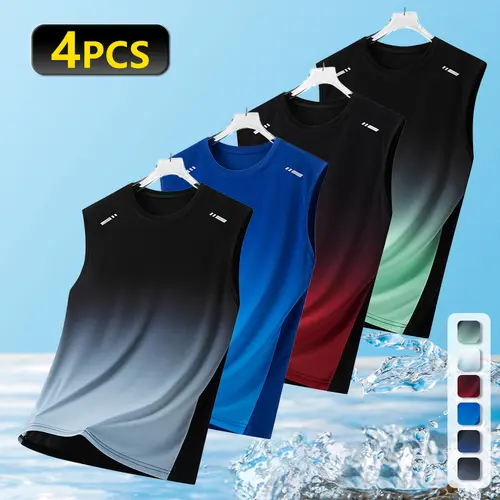 Clean Gent 4-Pack Men’s Summer Ultra-Thin Loose Fit Tank Tops with Fashion Print Gradient Design and Crew Neck, Breathable Athletic Tops for Outdoor Running and Sports