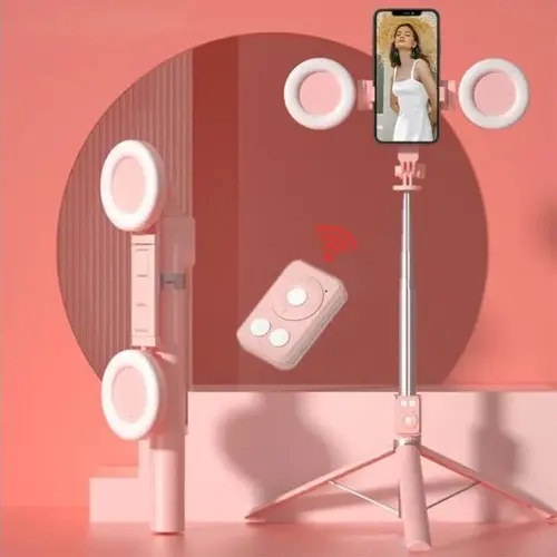 Multifunctional Selfie Stick with Dual Beauty Ring Light - Retractable Portable Tripod Stand, BT Remote Control, Multi-Angle Mount, Smartphone Camera Accessories for Live Streaming, Tripod Standing Photo, Vlogging, Mobile, Selfie Accessories
