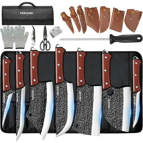 MDHAND 14pcs Striped Ergonomic Butchery Kit - Hand Forged High Carbon Stainless Steel Knives, 3.5-in Cleaver, Boning Tool, Bottle Opener, Finger Guards with Knife Roll Bag, Style A: Stripes, Cleaver For Bones
