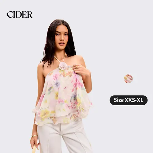 Cider Chiffon Floral Halter Neckline Applique layered Ruffle Hem Top