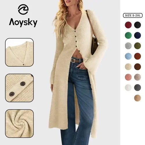 Aoysky Women's Oversized Chunky Knitting Midi Cardigan - V-Neck, Open-Front, Bell Long Sleeves, Button-Down 2026 Fall Winter Outerwear, Stylish Women's Wear, Cozy Layered Casual Long Sleeve Tops,sohochic