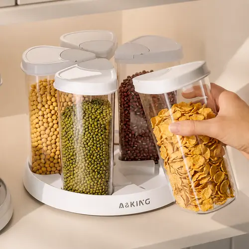 Rotating Airtight Moisture-Proof 5-Compartment Grain Storage Canister, Compact Transparent Kitchen Gadgets Multiple Food Storage Containers for Home Organisation, Thoughtful Gift