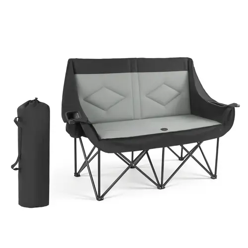 VEVOR Unisex Double Camping Chair, Oversized 2-Person Camp Chair with Carbon Steel Frame, 660 lbs Heavy Duty Support, Dual Cups Holders, Wine Glass Holders, Magazine Straps, Carry Bag for Outdoor Picnicking, 1 Pack, Folding Camping Chair, Polyester