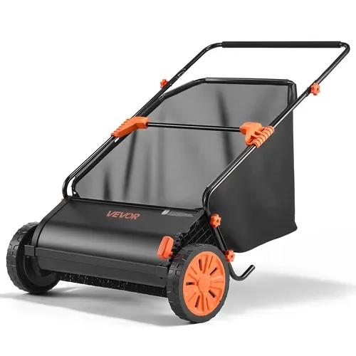 VEVOR Portable Garden Push Lawn Sweeper, 26 in Sweep Path, 7 cu.ft. Hopper Bag, 10-Level Adjustable Height Brushes, 1:5 Brush-to-Wheel Ratio, Metal Frame, Smooth Rubber Wheels, Side Handle for Yard Cleaning