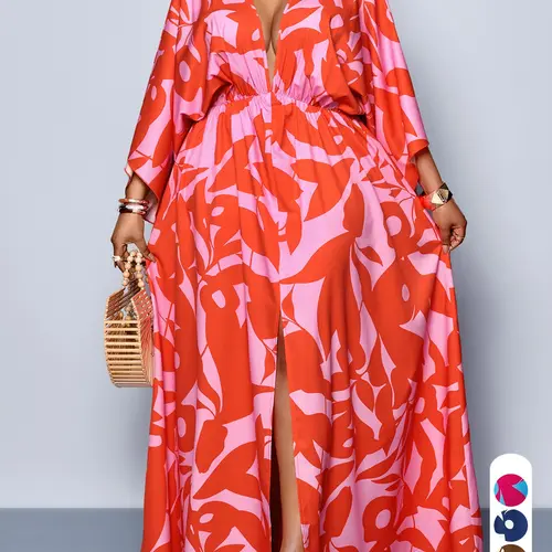 Elegant Women's Botanical Print Dress, Deep V-Neck Batwing Sleeves, Split Thigh, Plus Size, Commuter Style, Casual Summer Dresses