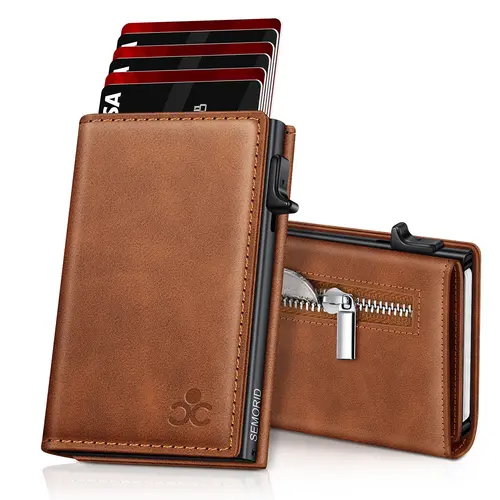 Men's Wallet with Zipper Coin Pocket, Leather Card Holder, Automatic Pop-Out Metal Credit Card Holder, Minimalist RFID Blocking Business Card Wallet, RFID Card Slots, Travel Card Holder, Secure card storage, Wallet Cards Storage