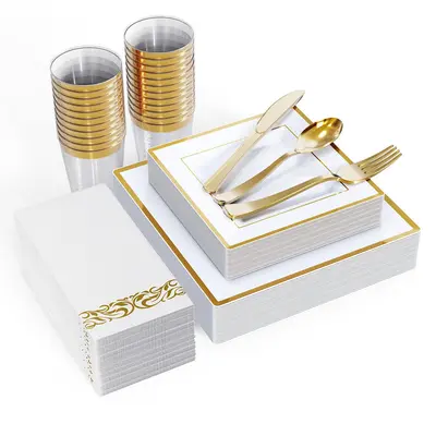 Gold/Rose/Diamond Trim 175pc 25set Disposable Square Plates and Tableware Set: Dinner Plates,Dessert Plates,Cups,Napkins,Knife,Forks,Fpoons-Perfect for Party Reusable |BPA Free Gold Plastic Dinnerware Food Grade Plastic
