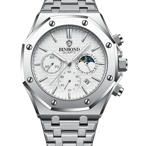 BINBOND BO161 Men's Modern Waterproof Watch, Luminous Stainless-Steel Casual Watch with Date Calendar, Versatile Gift-Boxed Timepiece, Quartz Analog Wristwatch, Quartz Wristwatches