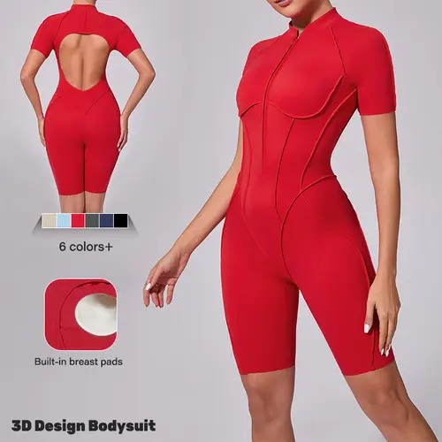 NVWA Women’s Summervibes zip-up athletic jumpsuit featuring a curved cut design, open back for breathability,Cooling and Quick-drying, skin-friendly ruched panel at the abdomen,  for shaping and lifting the hips—ideal for yoga, fitness,  Outdoor Fun,summe