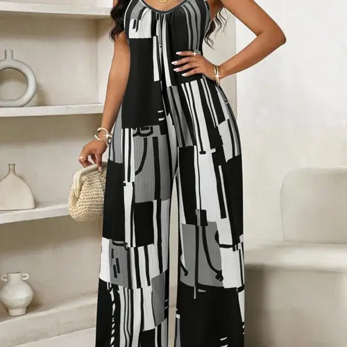 Plus Size Women's Printed Flattering Fashionable Jumpsuit, Casual Chic Fitted Sleeveless Jumpsuit, Spaghetti Strap Adjustable Strap, All Over Print, Summer Fashion Womenswear, Casual Jumpsuits