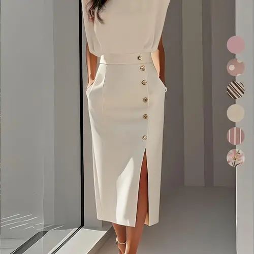 New Elegance Commuter Slimming Fitted Fashion Business Dress, Button Split Versatile Striped Mid-Length Women's Dress, Stylish Office Formal Wear