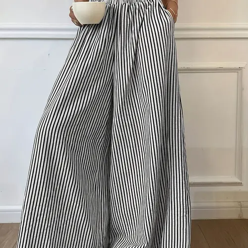 Women's Vertical Striped Woven Casual Summer Elastic Waist Wide Leg Striped Pants Bottom Casual Fashion Bottoms