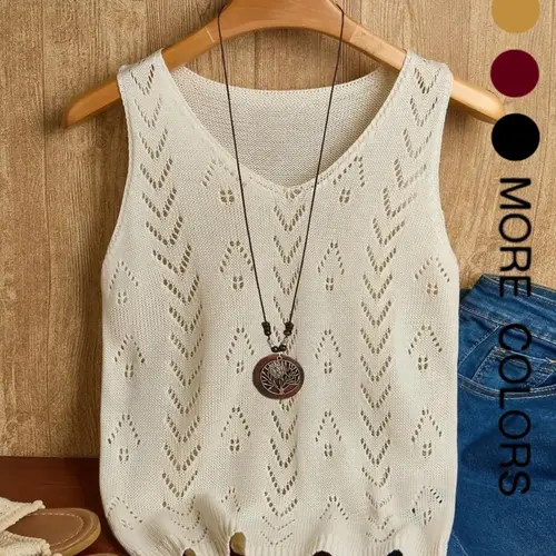 Women's V-Neck Sleeveless Knit Top, Hollow Out Breathable Vest, Loose Fit Casual Versatile Sweater, Elegant Design Tank Top
