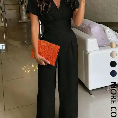 Women's Solid Color Short Sleeve Wide-Leg Jumpsuit, Elastic Fit, Surplice V-Neck & Keyhole Back Design, Drapey Breathable Woven Fabric, Ideal for Office Work, Cocktail Party & Daily Wear, Chic Jumpsuit With Pockets