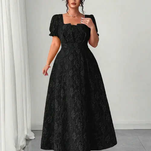 Plus Size Embroidered Square Neck Bubble Sleeve Belted A-Line Long Dress, Vintage Court Style, Elegant Women's Clothing, Womenswear