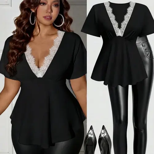 Women's Plus Size Lace Trim V-Neck Peplum Top, Blouses Shirts Tops, Casual Short Sleeve Contrast Lace Flowy Blouse, Elegant Y2K Style Clubwear for Night Out Parties