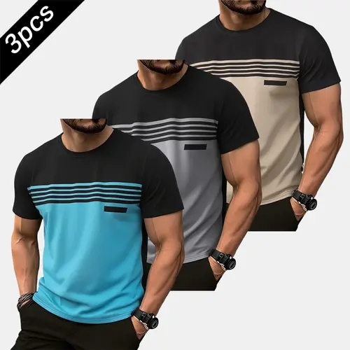Men's 3-Pack Streetwear Color-Block Striped Short-Sleeve T-Shirt, Patchwork Tops - Menswear Outfits for Skateboarding, 3-Tee Rotation, Men's T Shirts,sohochic