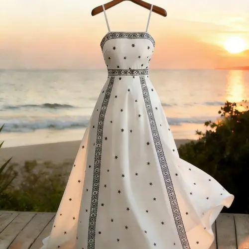 Women's White Boho Sundress, Floral Print Spaghetti Strap High Waist Flowy A-Line Dress, Perfect for Spring and Summer, Casual Wear, Geometric Print Dresses for Beach, Vacation, Picnic and Date