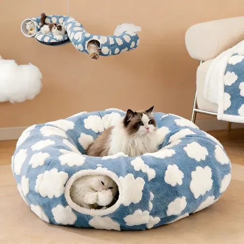 Cute Fuzzy Plush Pet Tunnel Bed with Blanket - Machine Washable Kitten Condo Puppy Furniture, Cozy Donut-Mimicking Cave with Peek-A-Boo Hole, Polyester Calming Bed for All Sizes