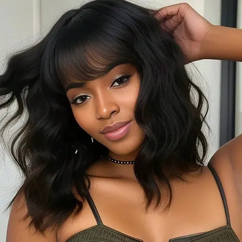 Women's 14-Inch Soft Bob Wig with Bangs - 180g Synthetic Material, Short Shoulder-Length Wavy Curly Natural Black Full Machine Wig for Weddings, Graduations, Cosplay (Suitable for Beginners)