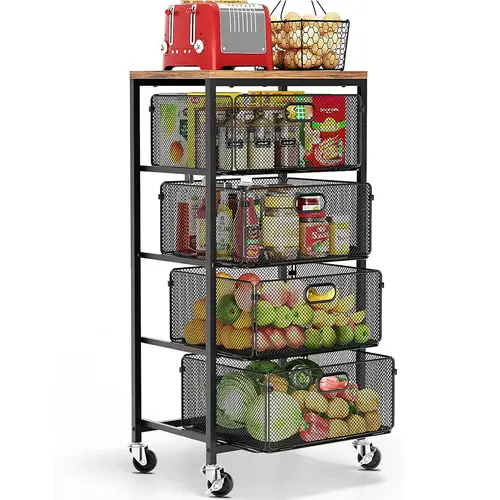 Kitchen Cart with Drawers, 4 Tier Metal Rolling Utility Cart Organizer on Lockable Wheels with Wooden Top, Black Fruit Vegetable Storage Rack Also for Cans, Snack, Craft, Art, Office, Beauty
