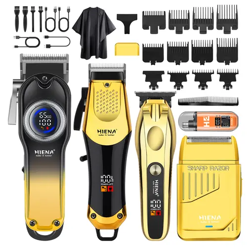 HIENA PRO Hair Clippers for Men Professional, Cordless Barber Clipper & T-Blade Beard/Hair Trimmer Set, Electric Razor Foil Shaver Nose Trimmer Barber Kit, Men's Hair Cutting Kit with 11 Guide Combs