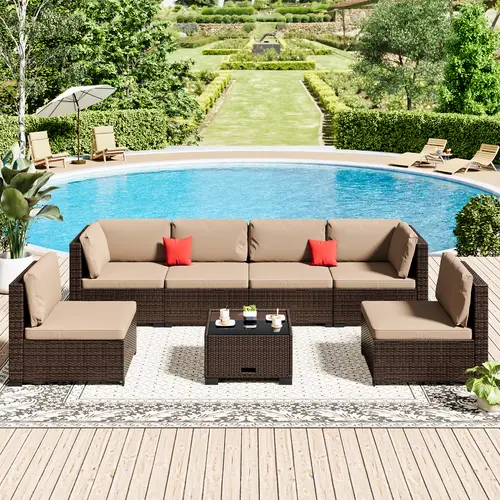 7 Pieces Sofa Modular Patio Wicker Sofa Set - Easy-to-Assemble All-Weather Couch with Comfortable Cushions & Glass Coffee Table, Ideal for Outdoor Relaxation & Entertaining Summervibes