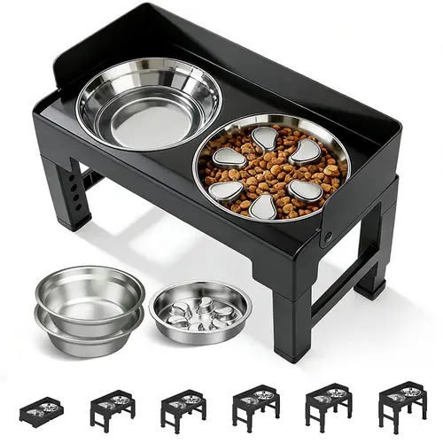 Elevated Dog Bowls with Splash Guard & Slow Feeder, Tiltable & Foldable Raised Stand, Includes 2 Stainless Steel Bowls & 1 Slow Feeder Bowl, 6 Height Adjustable Raised Bowl  (3.1"-11.8"),back to school