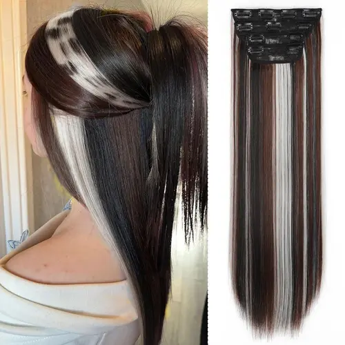 Women's Colorful Clip-in Hair Extensions, 20In 4PCS Thick Synthetic Hairpieces, Long Straight/Wavy Double Weft Fiber, White Black Mix Dark Brown Calico, Adds Volume, Less Prone to Tangles, Simple Care & Maintenance for Daily Use