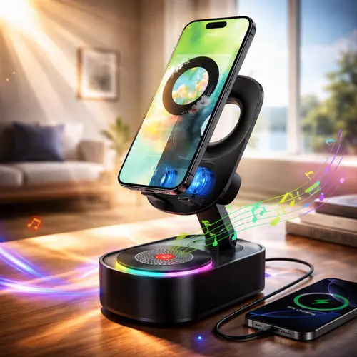 5-in-1 Wireless Bluetooth Speaker with Amplifier, Phone/Tablet Stand, Colorful Ambient Lights, and 270-Degree Rotating Foldable Portable Emergency Charging Function. Compatible with iOS and Android. Makes a perfect gift for family and friends. microphones