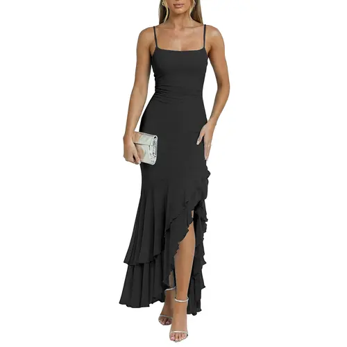 Kaximil Women's Sexy Ruched Mesh Maxi Dress - Square Neck Spaghetti Strap, High Slit Ruffle Hem, Mermaid Cut, Leg-Lengthening, Standard US Sizes, Promdress, for Wedding Guest & Evening Cocktail Beach Vacation