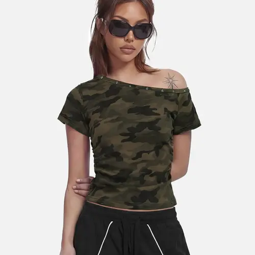 Aelfric Eden CAMO Off The Shoulder Baby Tee Slim Fit Short Sleeve Studded Neck Summer Streetwear Y2K Top,back to school,back to school shopping