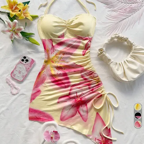 Women's Boho Printed Floral Lily Print Halter Neck Dress, Floral Prints Dress, Drawstring Side Ruched Design, Sweet Style Summer Wear, Perfect for Beach, Dates, Parties & Afternoon Tea, Casual Beach Sundress