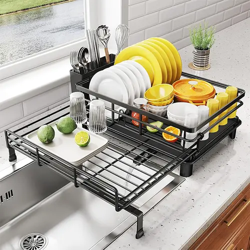 Extendable Dish Rack-Small Dish Drying Rack , Large Sink Drying Dish Drainer for Kitchen Counter, Stainless Steel Dish Strainer with Utensil Holder