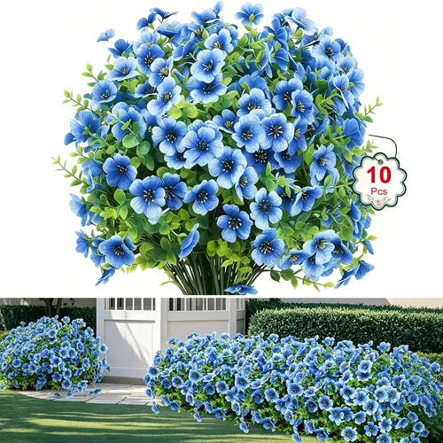 10 Bundles UV-Resistant Plastic Faux Silk Artificial Flowers - Decorative Never-Fade Outdoors Floral Decor, Low-Care, Universal Porch-Garden Fit, Durable Home Supplies (Blue)