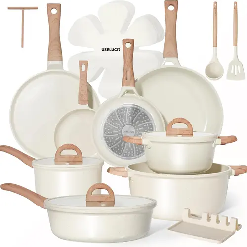 USELUCK 22-Piece Non-Stick Ceramic Cookware Set - Kitchen Supplies, Perfluorooctanoic Acid (PFOA)/PFOS-Free Cream White Granite Pots and Pans with Glass Lids, Induction-Compatible Non-Toxic Stovetop Set Including Crepe Frying Pan