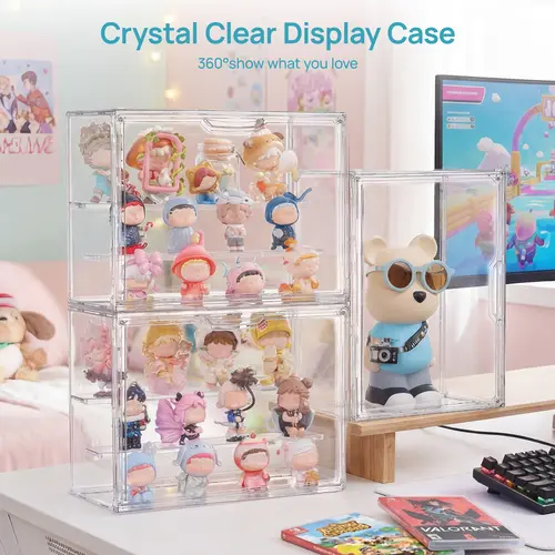 【Acrylic Display Case】Vtopmart 2/4 Pack Clear Acrylic Display Case for Collectibles, with 2 Adjustable Divider and Magnetic Door, Stackable Box for Figures Perfume Collections Toys Cartoon Figurine, Water&Dust Proof